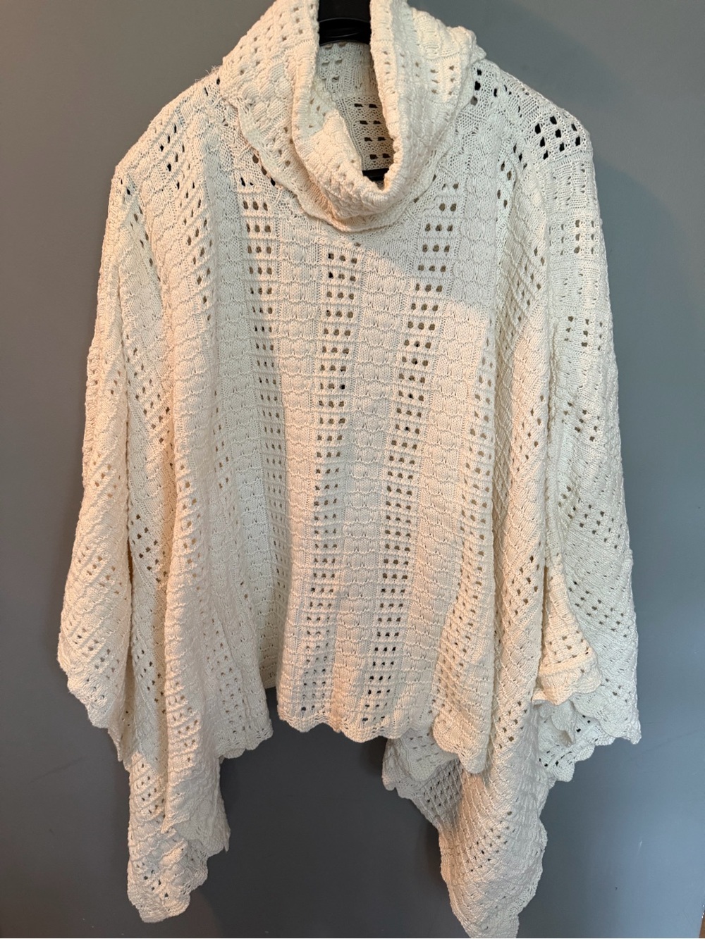 Source Unknown Cream Crochet Cowl Neck Poncho Sweater
